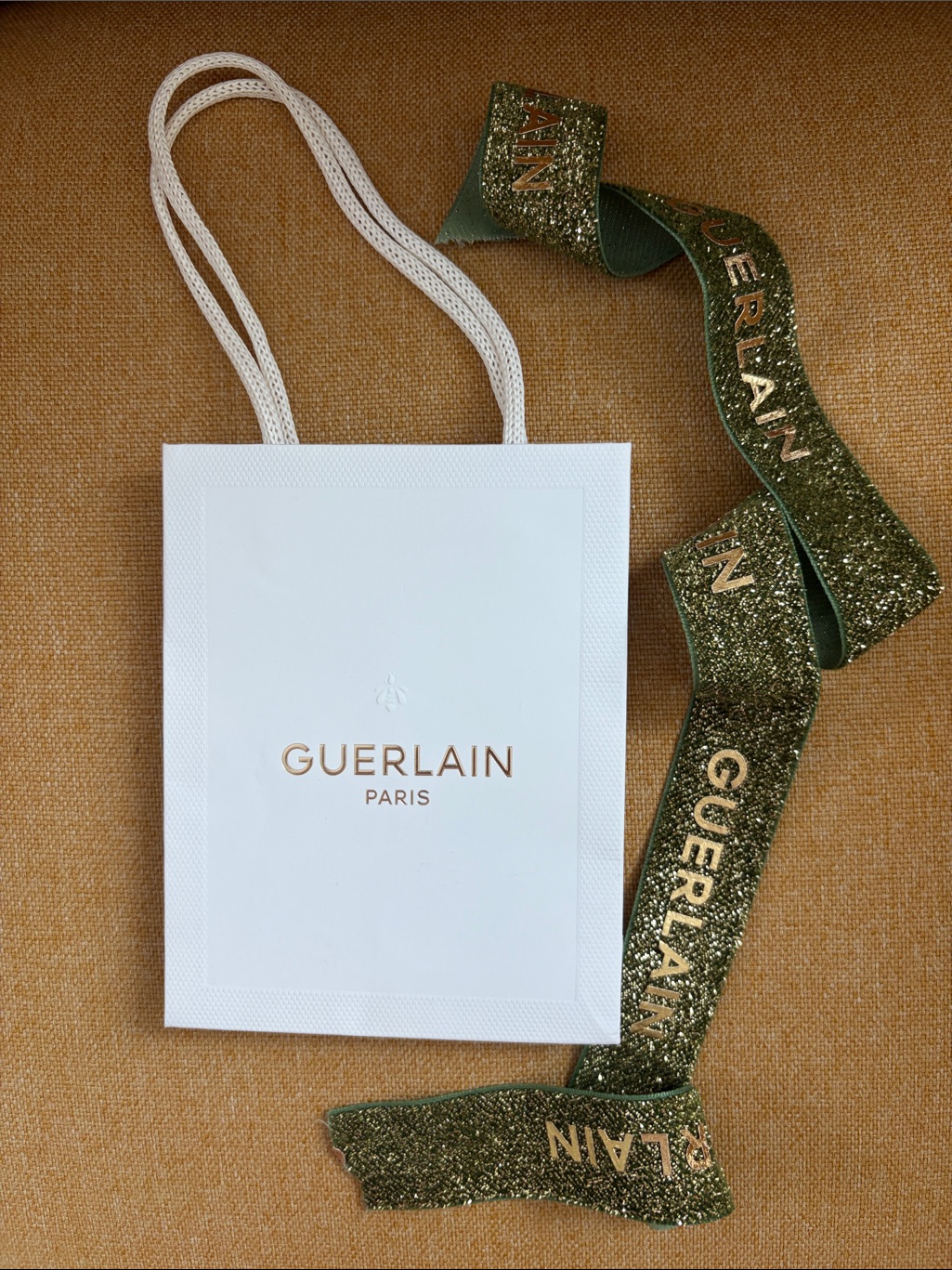 Guerlain White Gift Bag With Gold Logo And Olive Green Ribbon